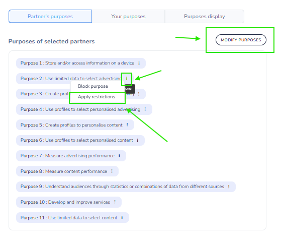 Partner's purposes tab of the portal: Modify purposes button, then the actions menu of purpose 2 with the Apply restrictions option