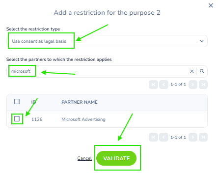 Add a restriction for the purpose 2 window: type Use consent as legal basis, search microsoft, vendor 1126 Microsoft Advertising with its checkbox to tick, Validate button